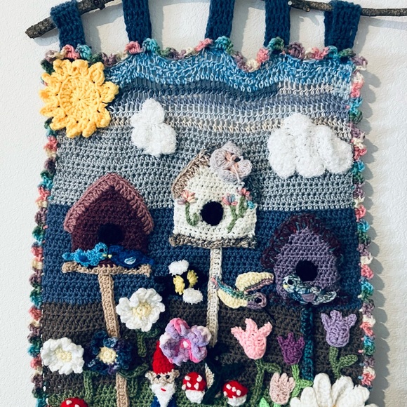 Crocheted Wall Art Hanging – Spring Garden w/ Birdhouses Flowers Gnome & Sun